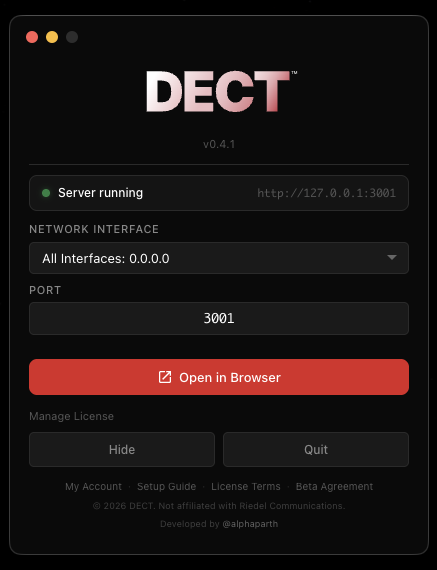DECT launcher window showing server status, network interface selector, port field, and Open in Browser button